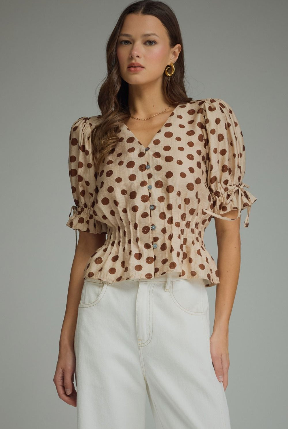 Entro Mocha Polka Dot Smocked Peplum Top-shirts-entro-Deja Nu Boutique, Women's Fashion Boutique in Lampasas, Texas