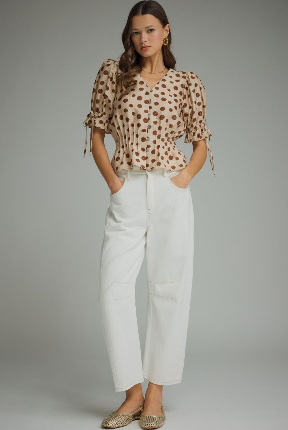 Entro Mocha Polka Dot Smocked Peplum Top-shirts-entro-Deja Nu Boutique, Women's Fashion Boutique in Lampasas, Texas
