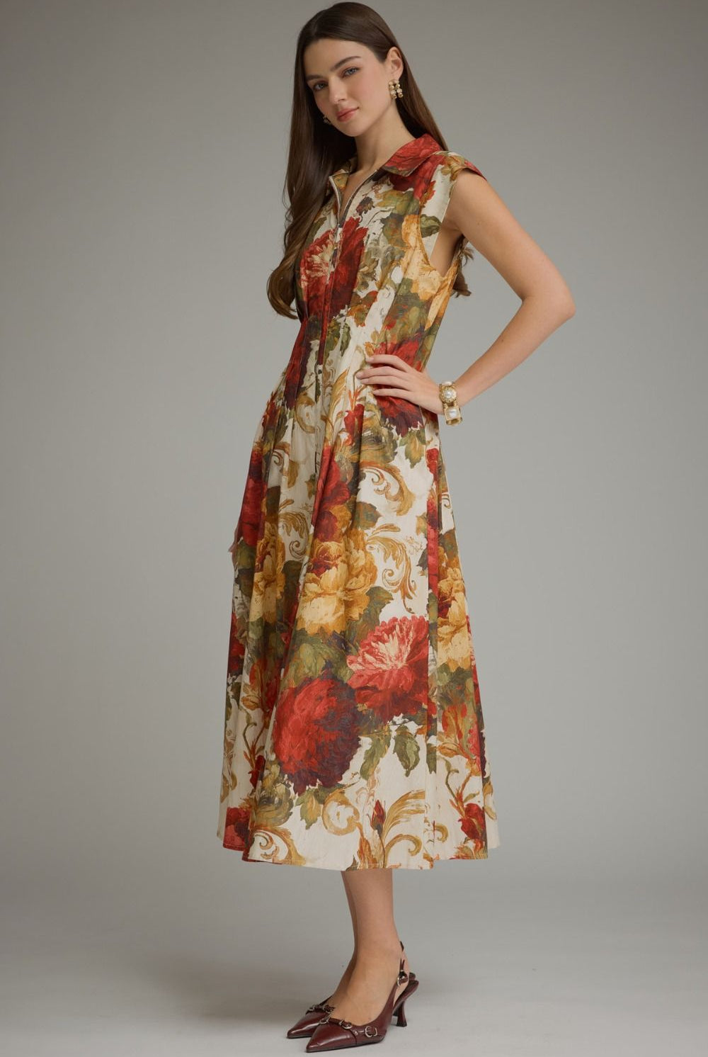 Entro Multi Floral Front Zip Midi Dress-Midi Dresses-entro-Deja Nu Boutique, Women's Fashion Boutique in Lampasas, Texas