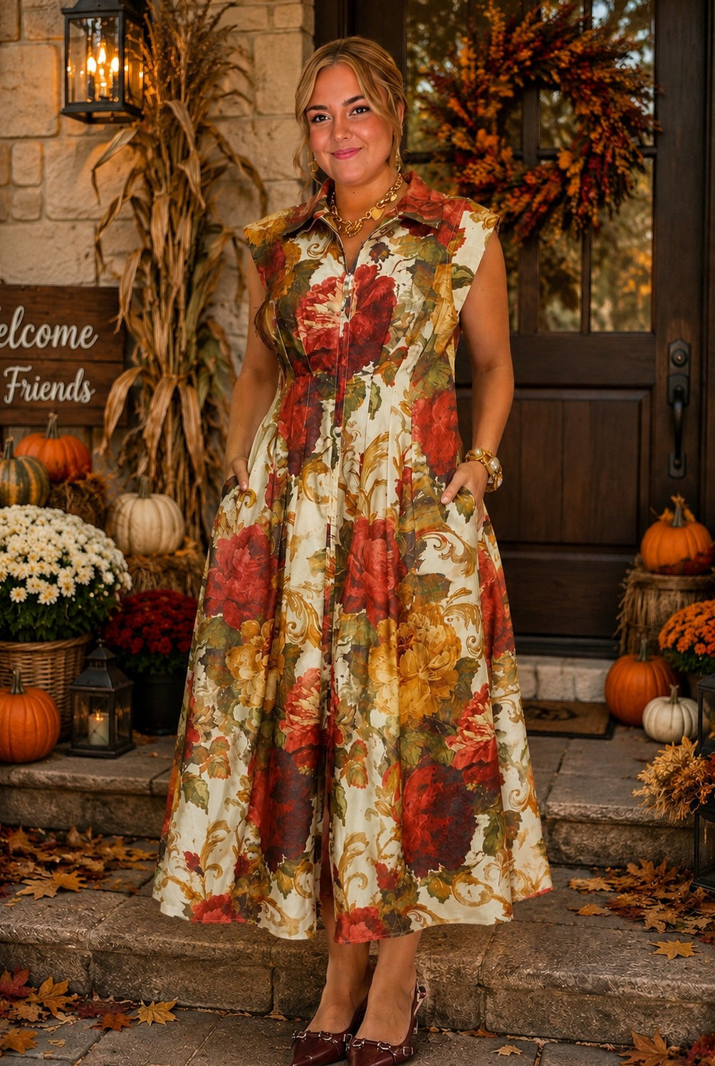 Entro Multi Floral Front Zip Midi Dress-Midi Dresses-entro-Deja Nu Boutique, Women's Fashion Boutique in Lampasas, Texas