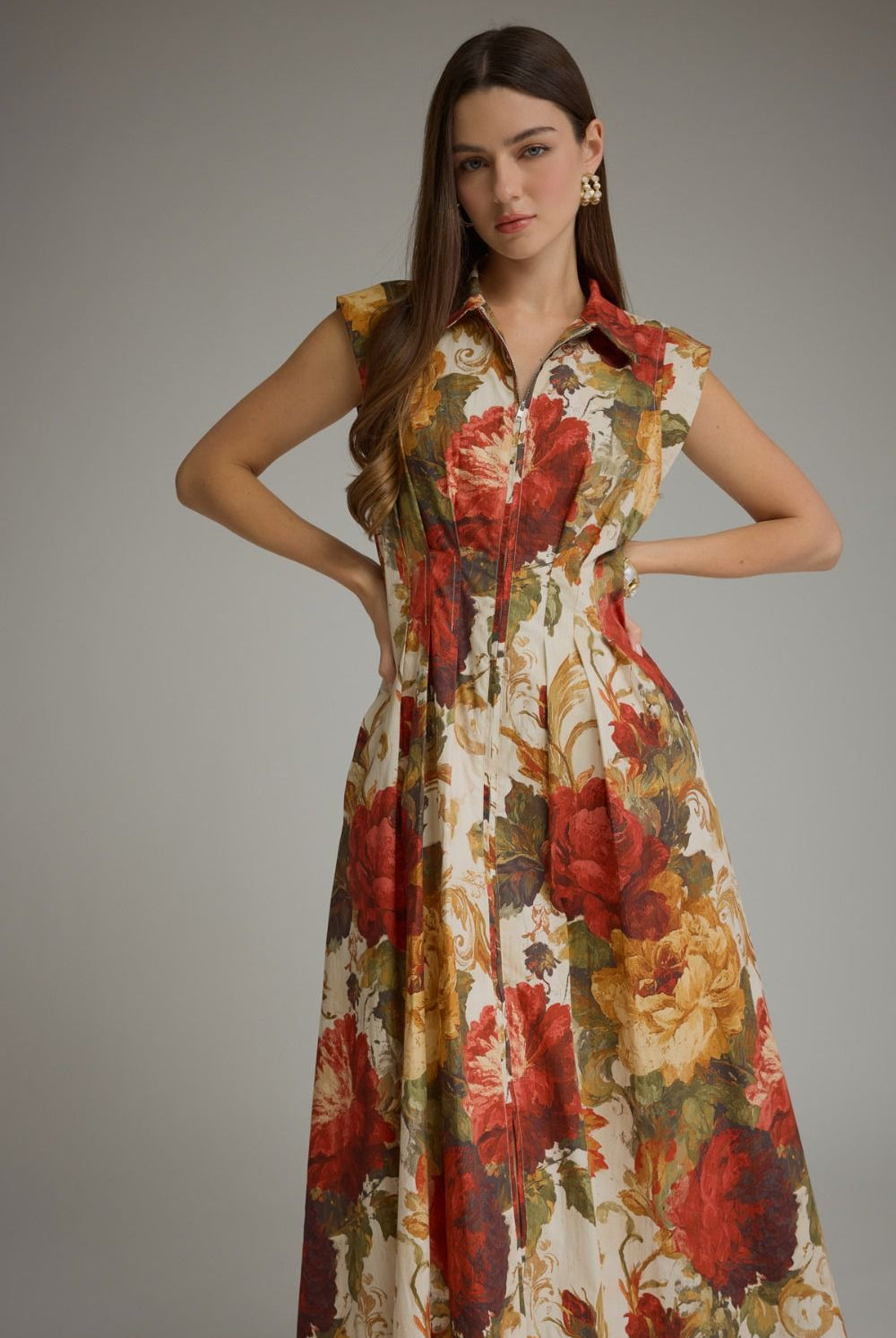 Entro Multi Floral Front Zip Midi Dress-Midi Dresses-entro-Deja Nu Boutique, Women's Fashion Boutique in Lampasas, Texas