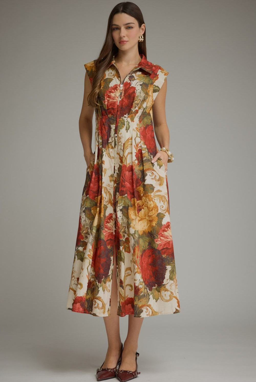 Entro Multi Floral Front Zip Midi Dress-Midi Dresses-entro-Deja Nu Boutique, Women's Fashion Boutique in Lampasas, Texas