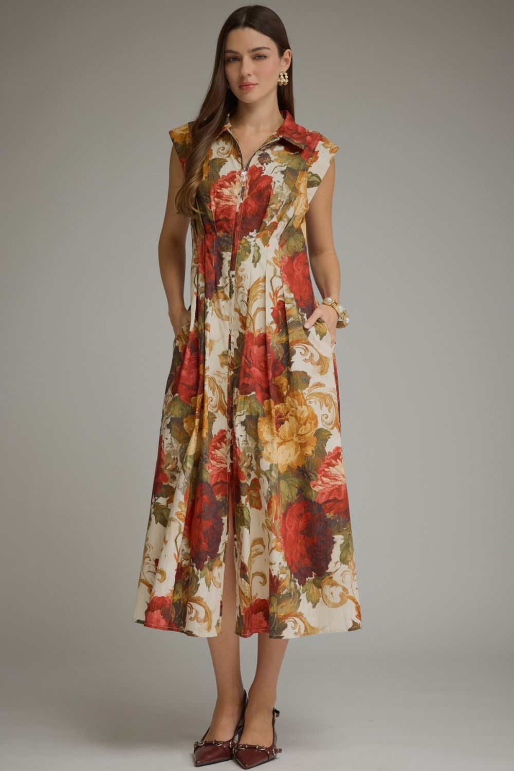 Entro Multi Floral Front Zip Midi Dress-Midi Dresses-entro-Deja Nu Boutique, Women's Fashion Boutique in Lampasas, Texas