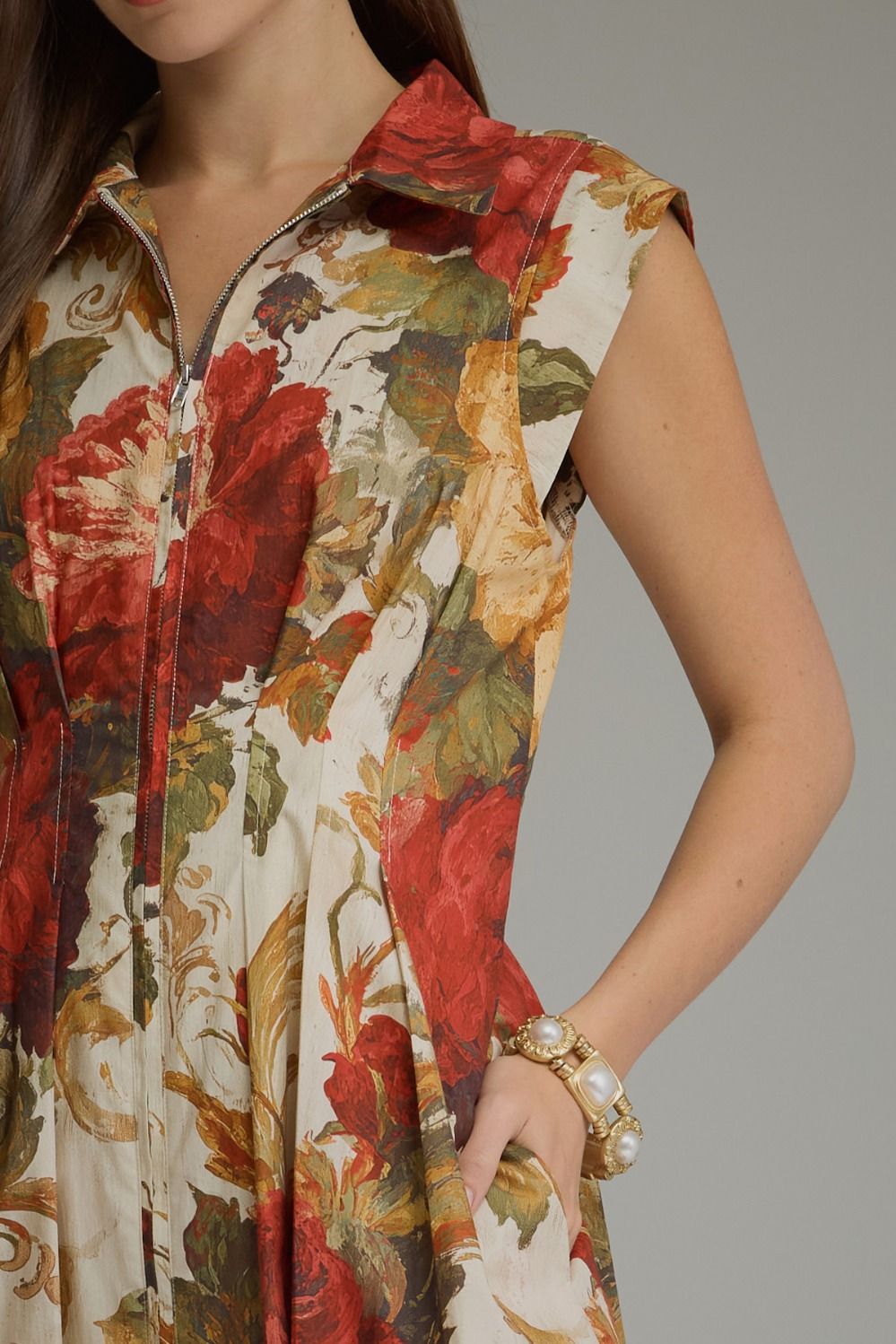 Entro Multi Floral Front Zip Midi Dress-Midi Dresses-entro-Deja Nu Boutique, Women's Fashion Boutique in Lampasas, Texas