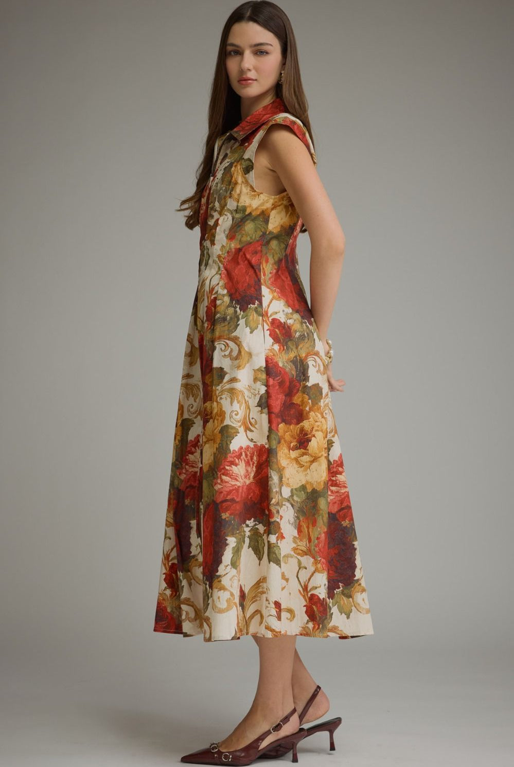 Entro Multi Floral Front Zip Midi Dress-Midi Dresses-entro-Deja Nu Boutique, Women's Fashion Boutique in Lampasas, Texas