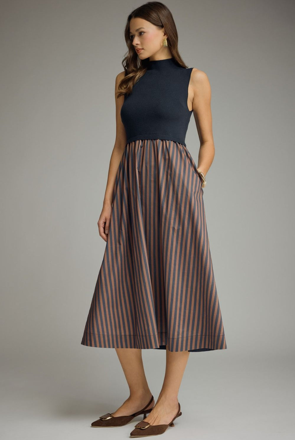 Entro Navy Mock Neck Contrast Stripe Midi Dress-Midi Dresses-Entro-Deja Nu Boutique, Women's Fashion Boutique in Lampasas, Texas