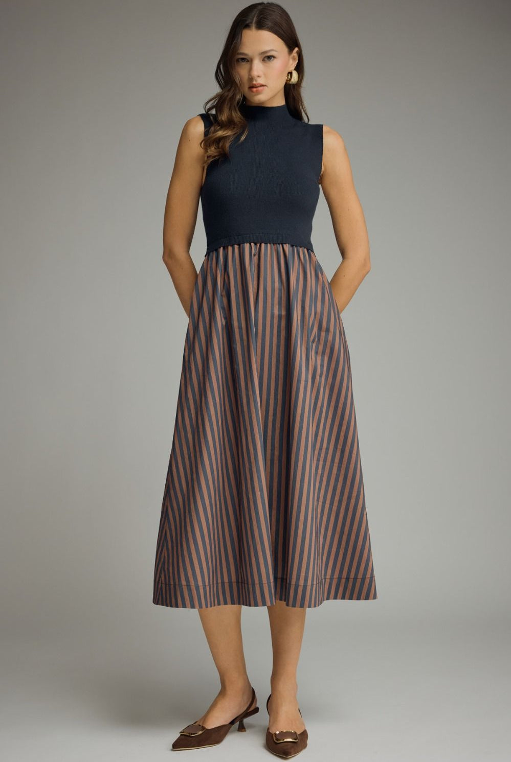 Entro Navy Mock Neck Contrast Stripe Midi Dress-Midi Dresses-Entro-Deja Nu Boutique, Women's Fashion Boutique in Lampasas, Texas