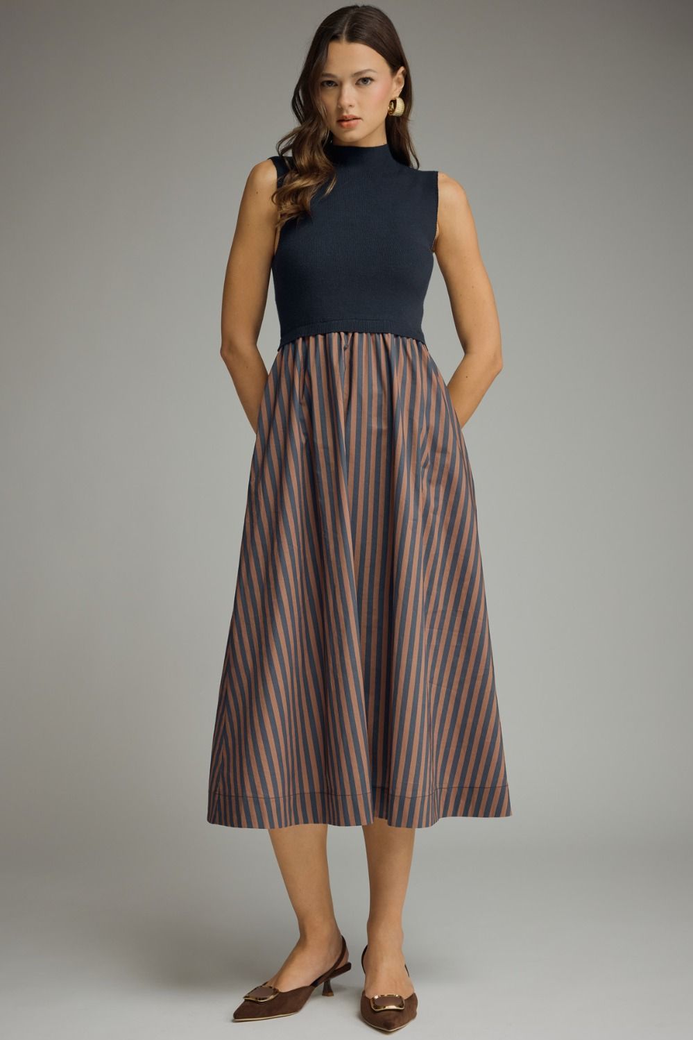 Entro Navy Mock Neck Contrast Stripe Midi Dress-Midi Dresses-Entro-Deja Nu Boutique, Women's Fashion Boutique in Lampasas, Texas