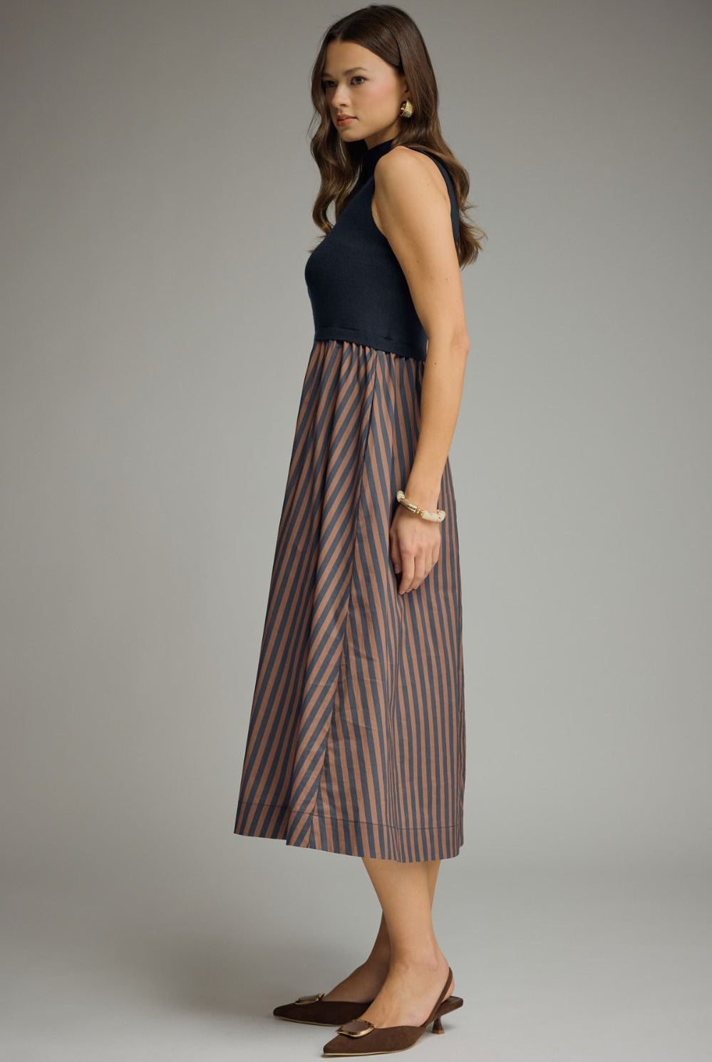 Entro Navy Mock Neck Contrast Stripe Midi Dress-Midi Dresses-Entro-Deja Nu Boutique, Women's Fashion Boutique in Lampasas, Texas