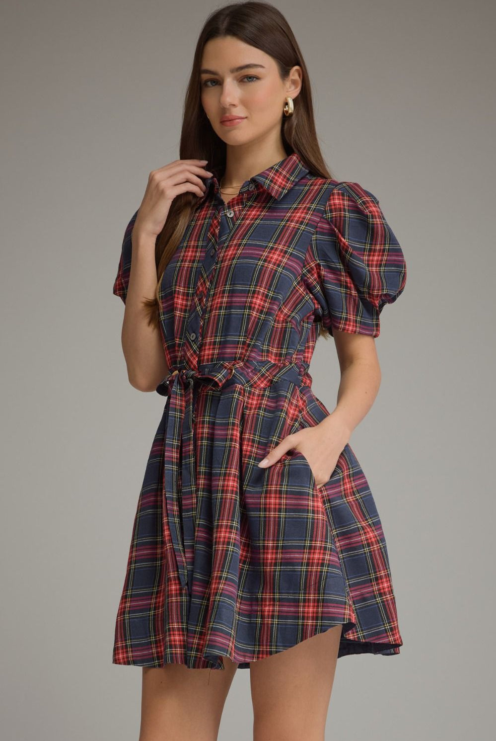 Entro Navy Plaid Puff Sleeve Belted Mini Dress-mini dress-entro-Deja Nu Boutique, Women's Fashion Boutique in Lampasas, Texas
