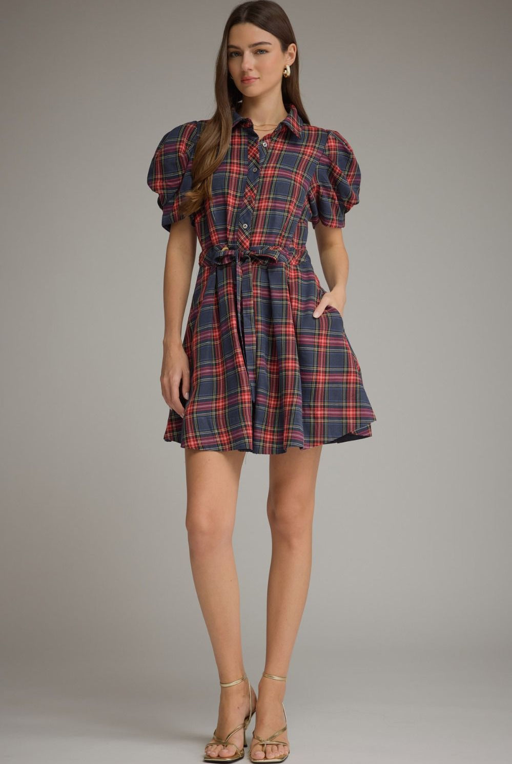Entro Navy Plaid Puff Sleeve Belted Mini Dress-mini dress-entro-Deja Nu Boutique, Women's Fashion Boutique in Lampasas, Texas