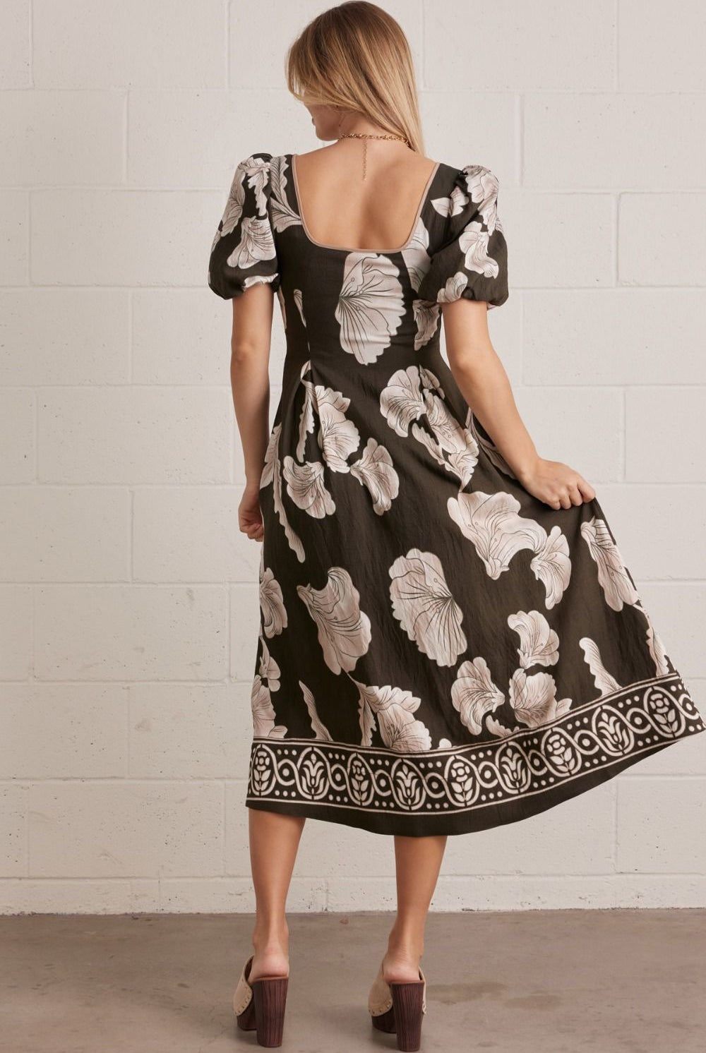 Entro Olive Floral Border Print Midi Dress-Midi Dresses-Entro-Deja Nu Boutique, Women's Fashion Boutique in Lampasas, Texas