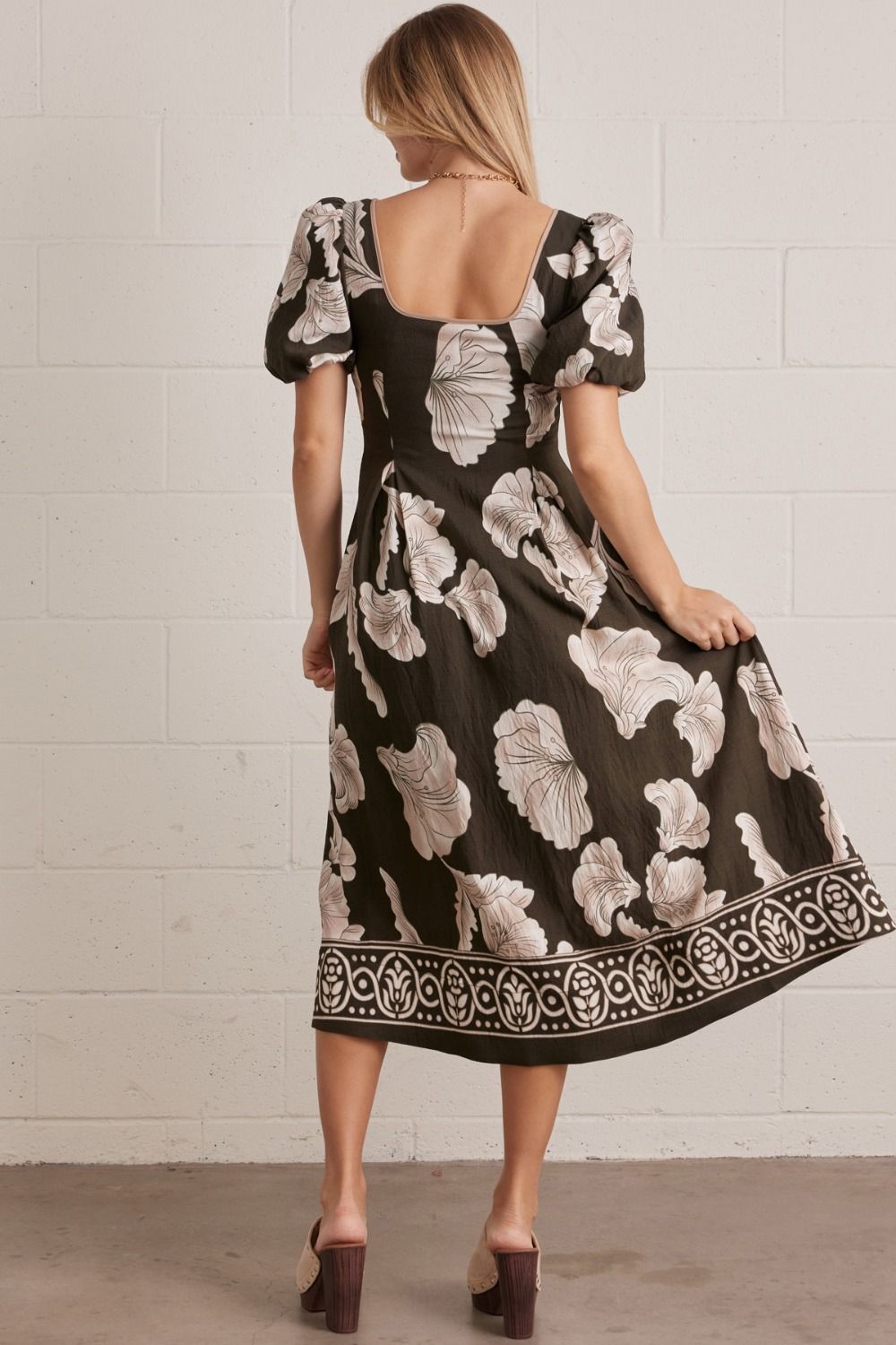 Entro Olive Floral Border Print Midi Dress-Midi Dresses-Entro-Deja Nu Boutique, Women's Fashion Boutique in Lampasas, Texas