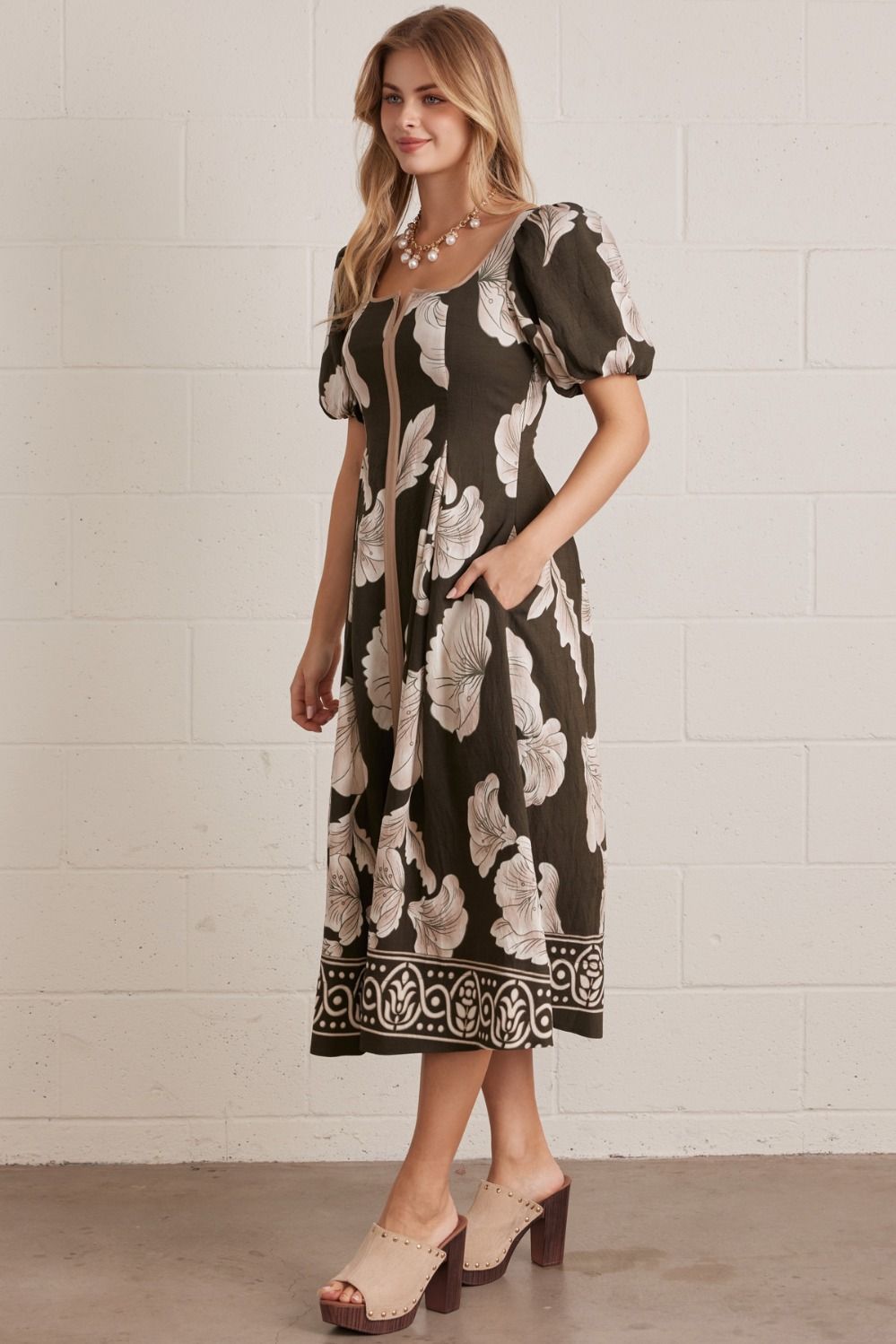 Entro Olive Floral Border Print Midi Dress-Midi Dresses-Entro-Deja Nu Boutique, Women's Fashion Boutique in Lampasas, Texas