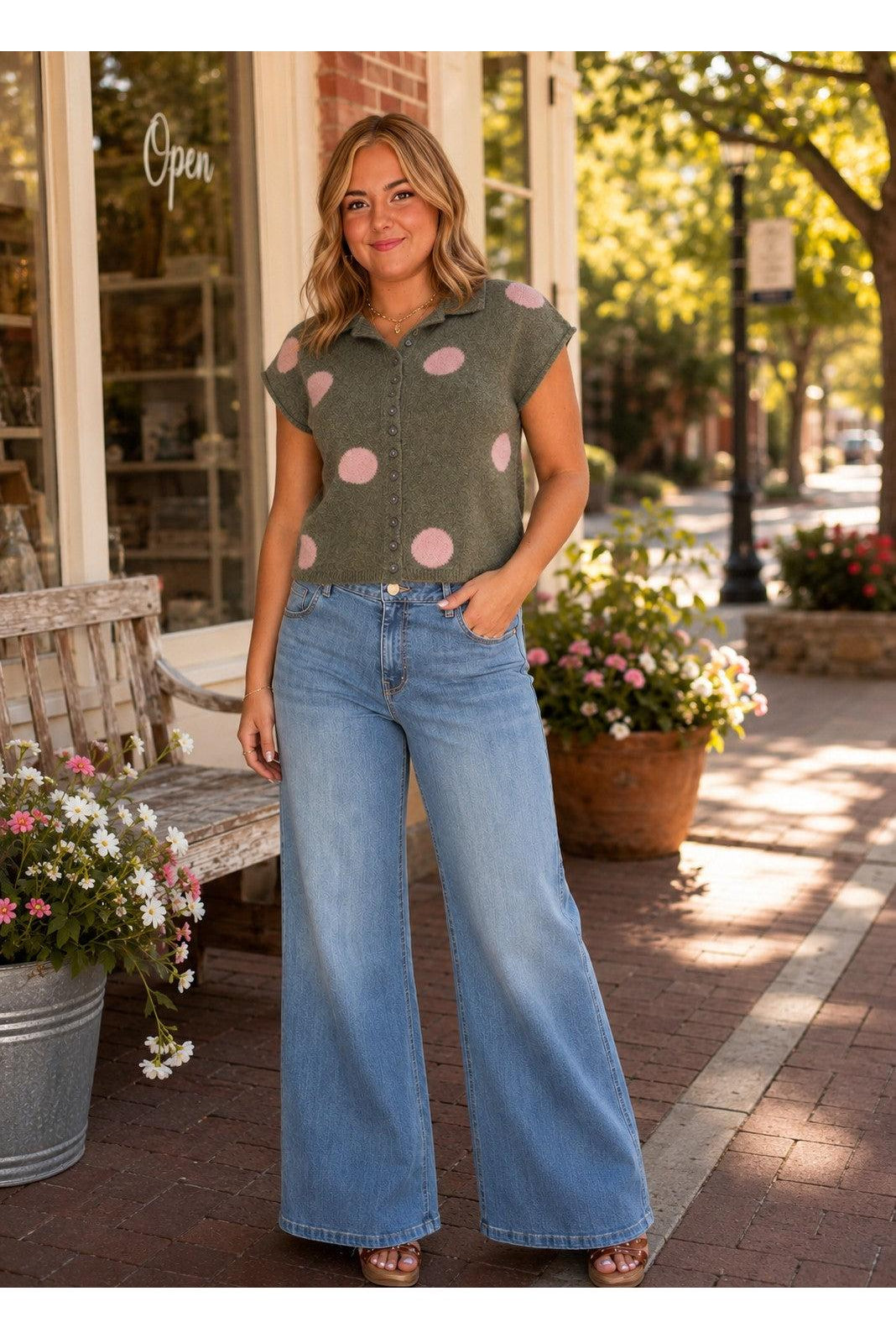Entro Olive Polka Dot Sweater Knit Top-Sweaters-entro-Deja Nu Boutique, Women's Fashion Boutique in Lampasas, Texas