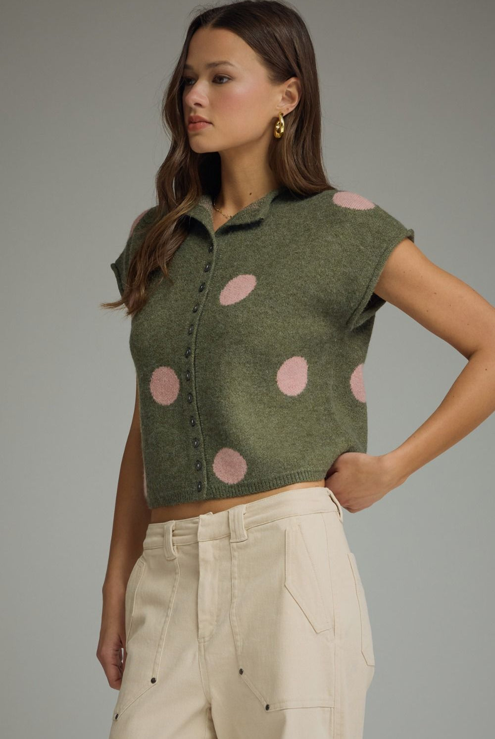 Entro Olive Polka Dot Sweater Knit Top-Sweaters-entro-Deja Nu Boutique, Women's Fashion Boutique in Lampasas, Texas