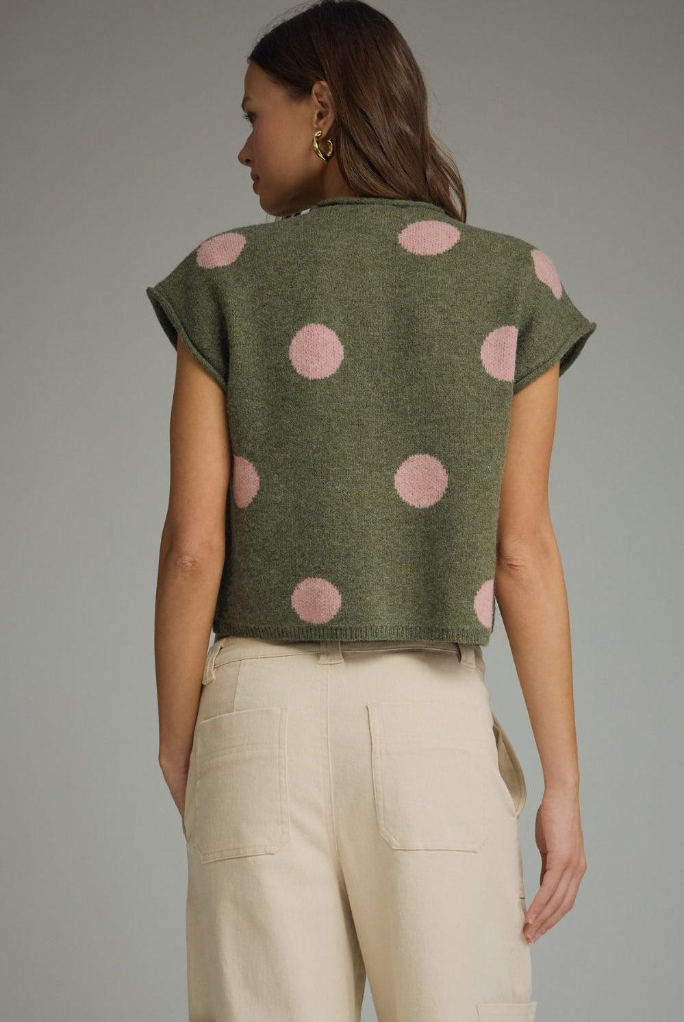 Entro Olive Polka Dot Sweater Knit Top-Sweaters-entro-Deja Nu Boutique, Women's Fashion Boutique in Lampasas, Texas