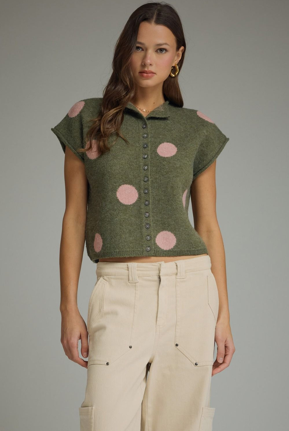 Entro Olive Polka Dot Sweater Knit Top-Sweaters-entro-Deja Nu Boutique, Women's Fashion Boutique in Lampasas, Texas