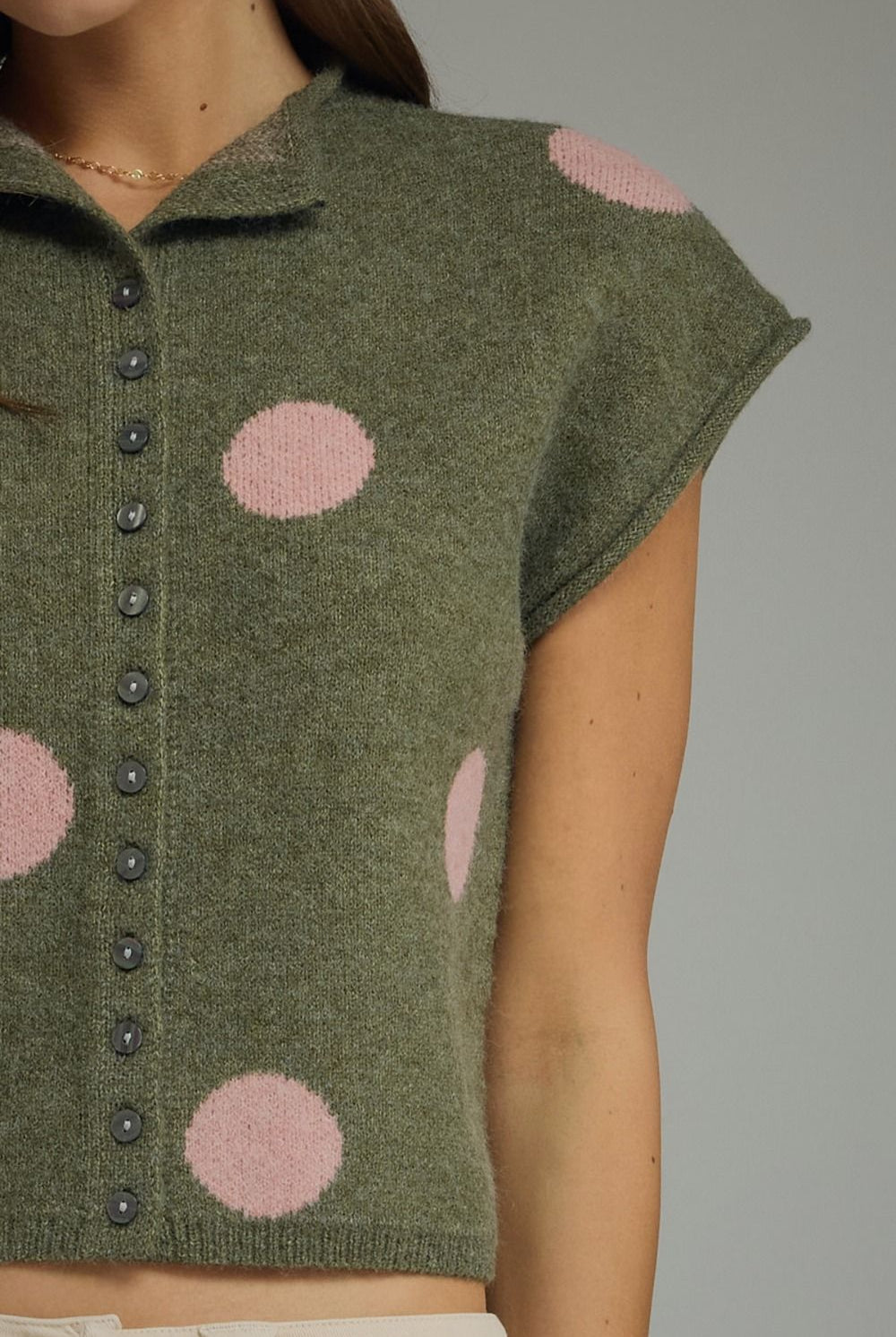 Entro Olive Polka Dot Sweater Knit Top-Sweaters-entro-Deja Nu Boutique, Women's Fashion Boutique in Lampasas, Texas