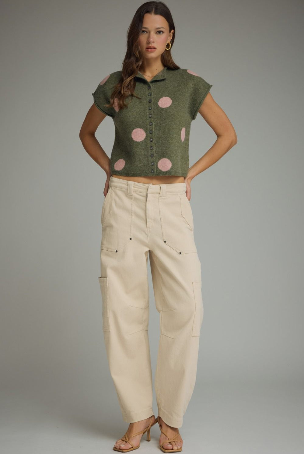 Entro Olive Polka Dot Sweater Knit Top-Sweaters-entro-Deja Nu Boutique, Women's Fashion Boutique in Lampasas, Texas