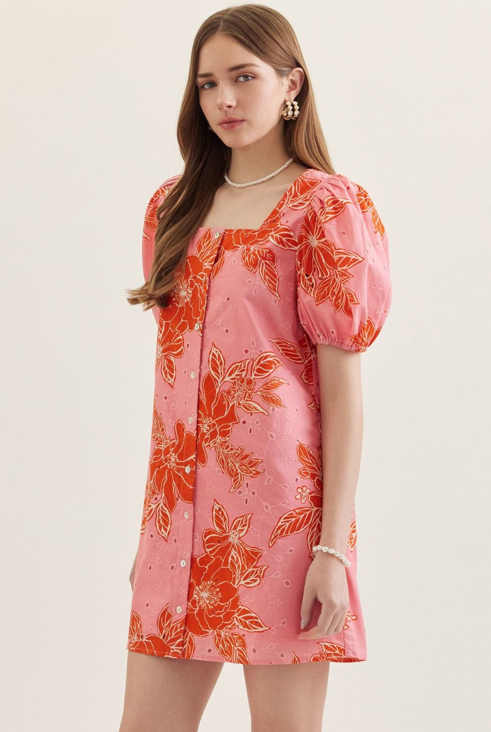 Entro Pink Botanical Print Puff Sleeve Mini Dress-mini dress-entro-Deja Nu Boutique, Women's Fashion Boutique in Lampasas, Texas