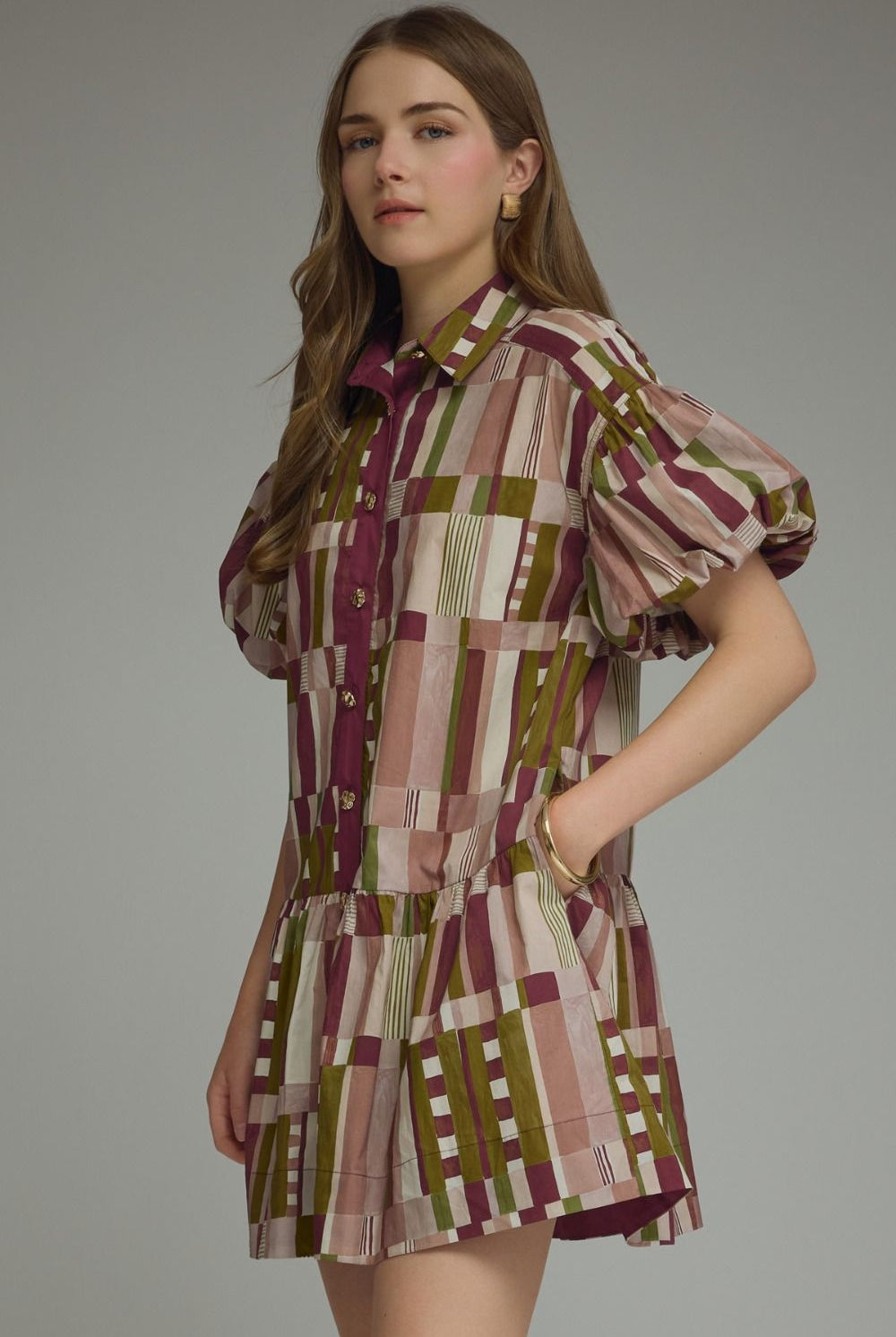 Entro Plum Abstract Print Puff Sleeve Tiered Mini Dress-mini dress-Entro-Deja Nu Boutique, Women's Fashion Boutique in Lampasas, Texas