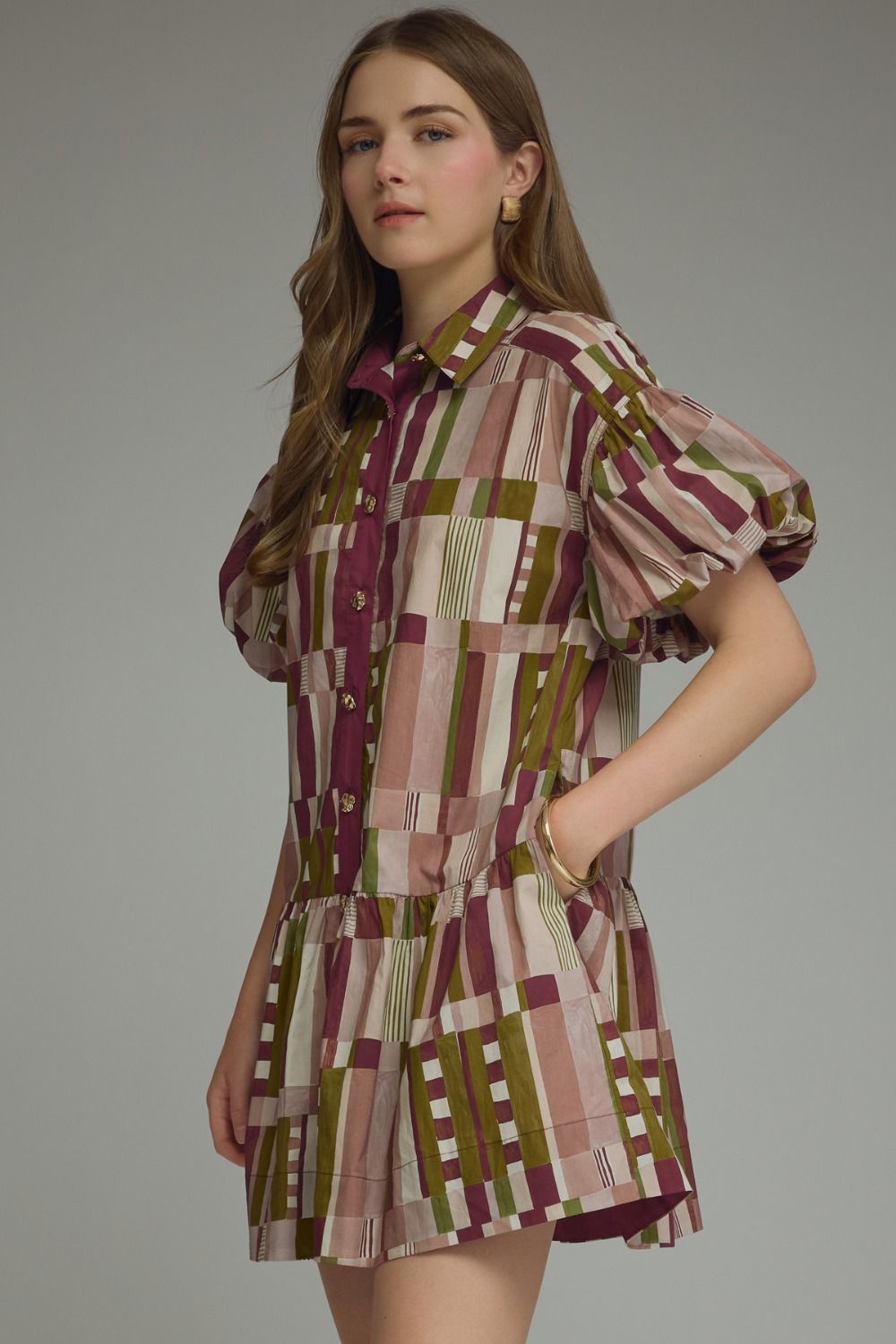 Entro Plum Abstract Print Puff Sleeve Tiered Mini Dress-mini dress-Entro-Deja Nu Boutique, Women's Fashion Boutique in Lampasas, Texas