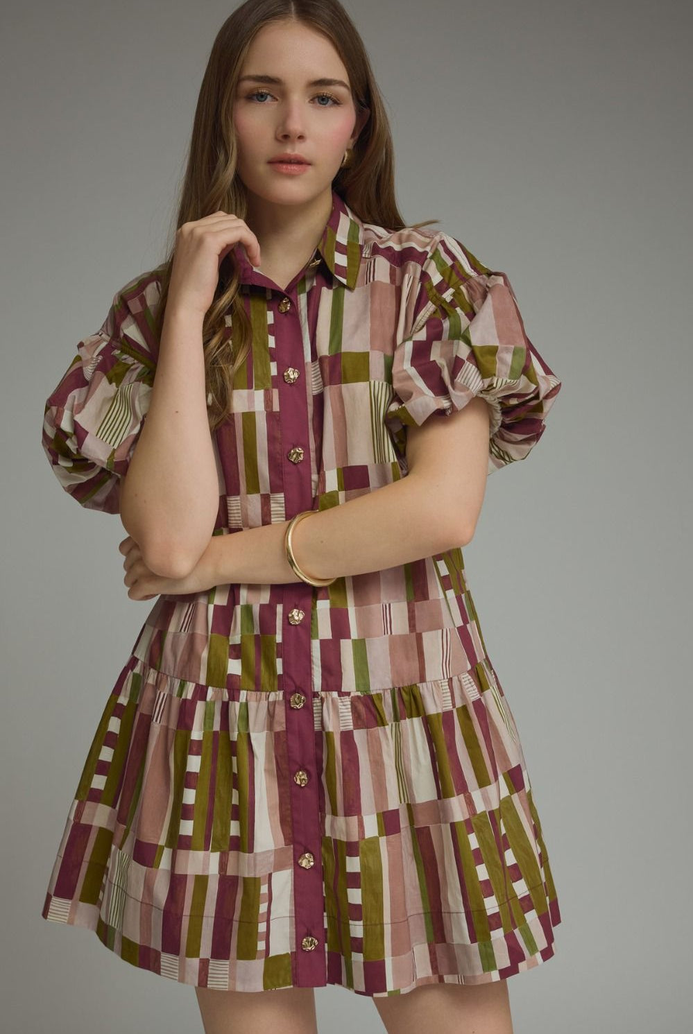Entro Plum Abstract Print Puff Sleeve Tiered Mini Dress-mini dress-Entro-Deja Nu Boutique, Women's Fashion Boutique in Lampasas, Texas
