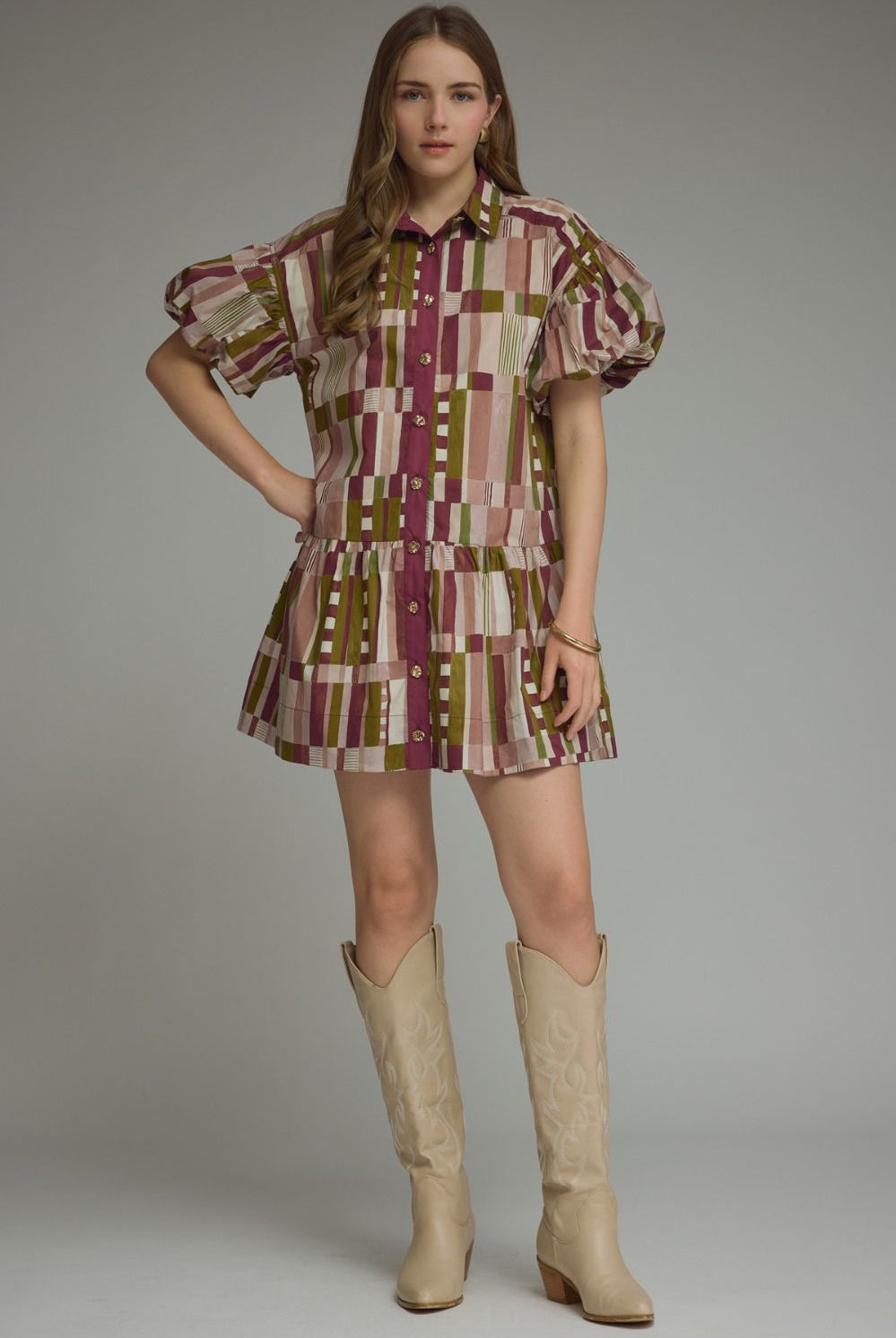 Entro Plum Abstract Print Puff Sleeve Tiered Mini Dress-mini dress-Entro-Deja Nu Boutique, Women's Fashion Boutique in Lampasas, Texas