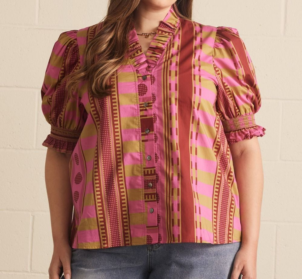 Entro Mixed Print Ruffle Neck Puff Sleeve Top in Plum – Plus-Curvy/Plus Blouses-Entro-Deja Nu Boutique, Women's Fashion Boutique in Lampasas, Texas