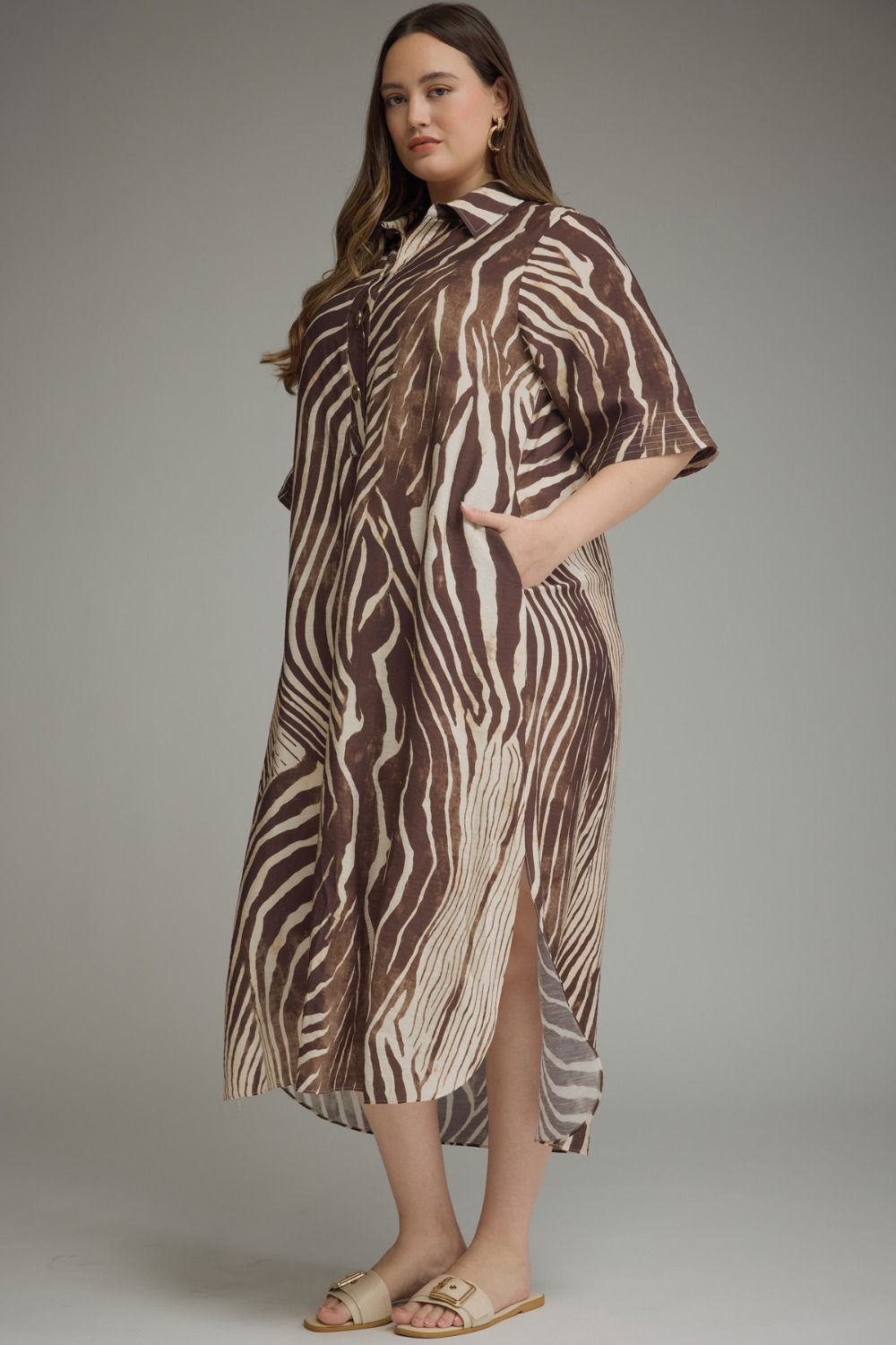 Entro Plus Abstract Zebra Print Midi Dress in Brown-Curvy/Plus Dresses-entro-Deja Nu Boutique, Women's Fashion Boutique in Lampasas, Texas