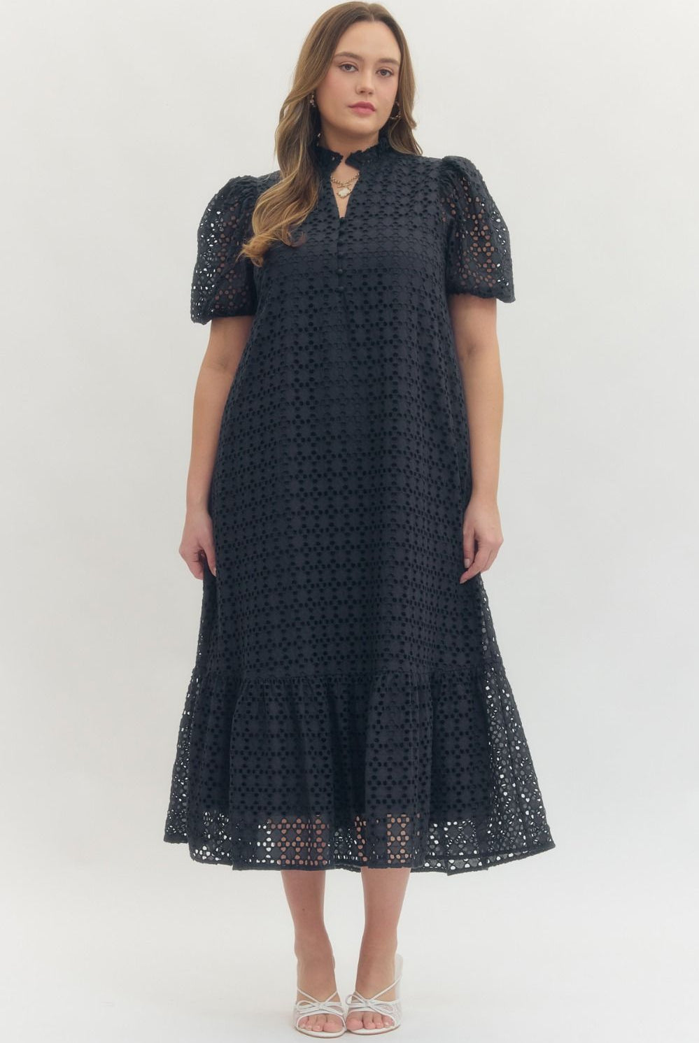 Entro Midnight Elegance Eyelet Midi Dress – Plus Size-Curvy/Plus Dresses-Entro-Deja Nu Boutique, Women's Fashion Boutique in Lampasas, Texas