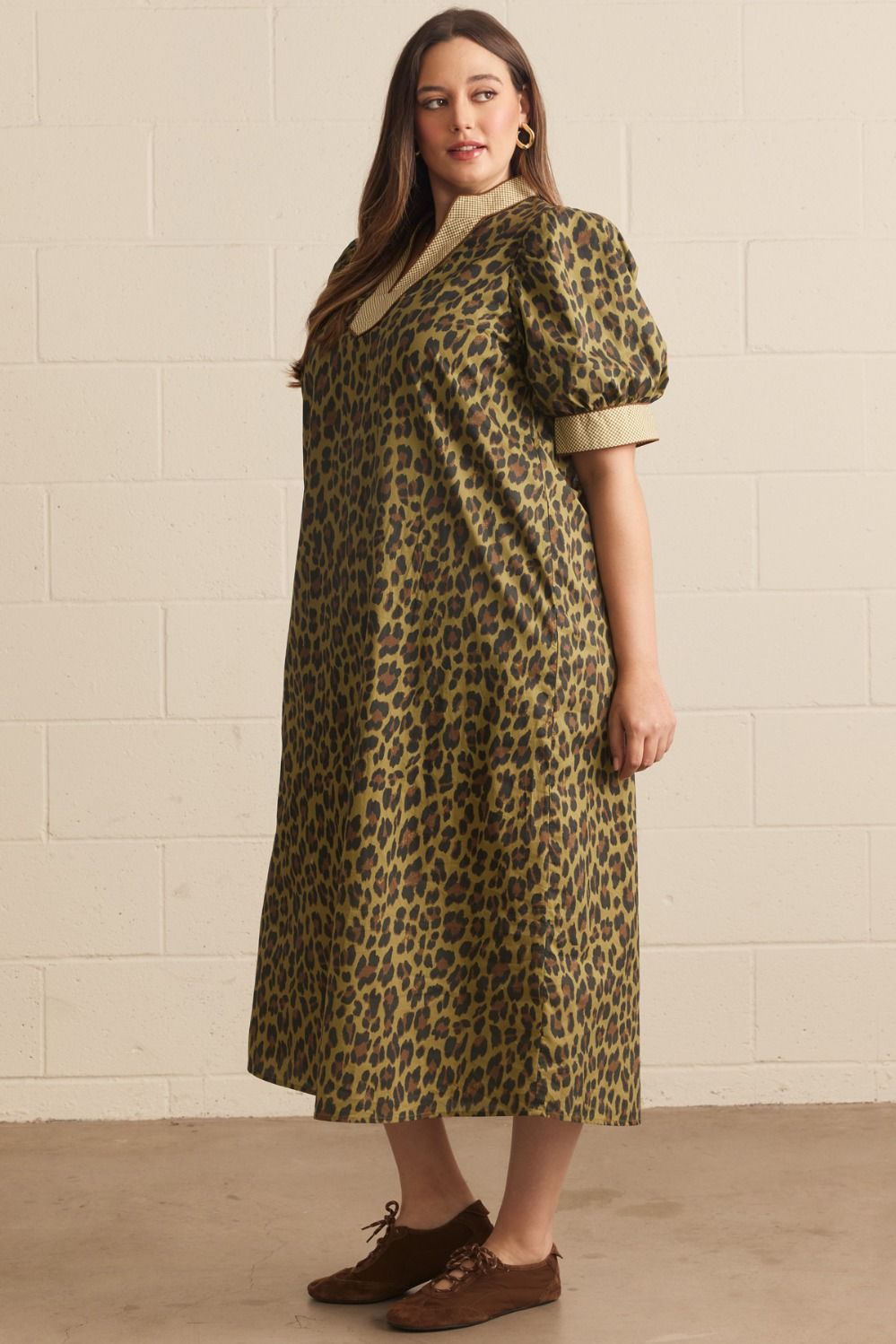 Entro Plus Olive Leopard Print Puff Sleeve Midi Dress-Curvy/Plus Dresses-Entro-Deja Nu Boutique, Women's Fashion Boutique in Lampasas, Texas