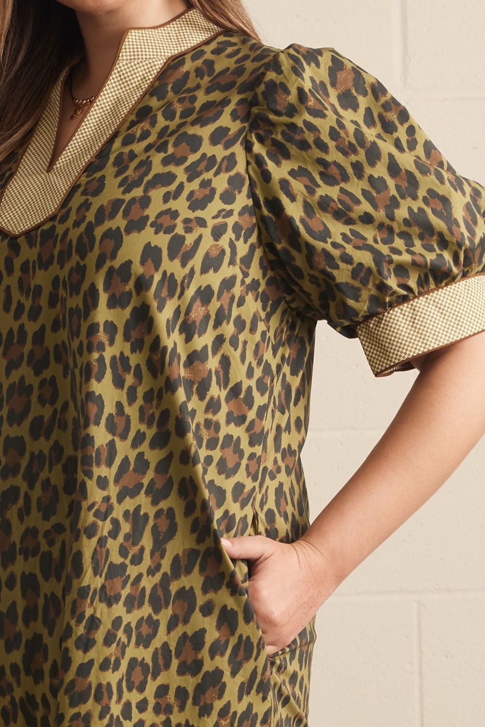Entro Plus Olive Leopard Print Puff Sleeve Midi Dress-Curvy/Plus Dresses-Entro-Deja Nu Boutique, Women's Fashion Boutique in Lampasas, Texas