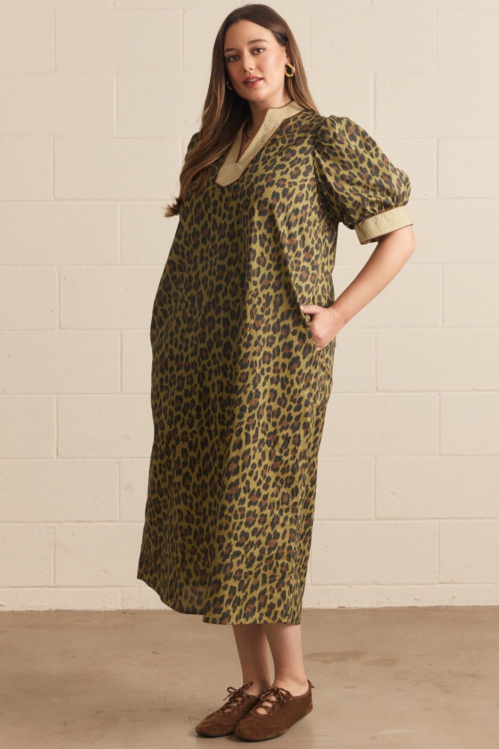 Entro Plus Olive Leopard Print Puff Sleeve Midi Dress-Curvy/Plus Dresses-Entro-Deja Nu Boutique, Women's Fashion Boutique in Lampasas, Texas