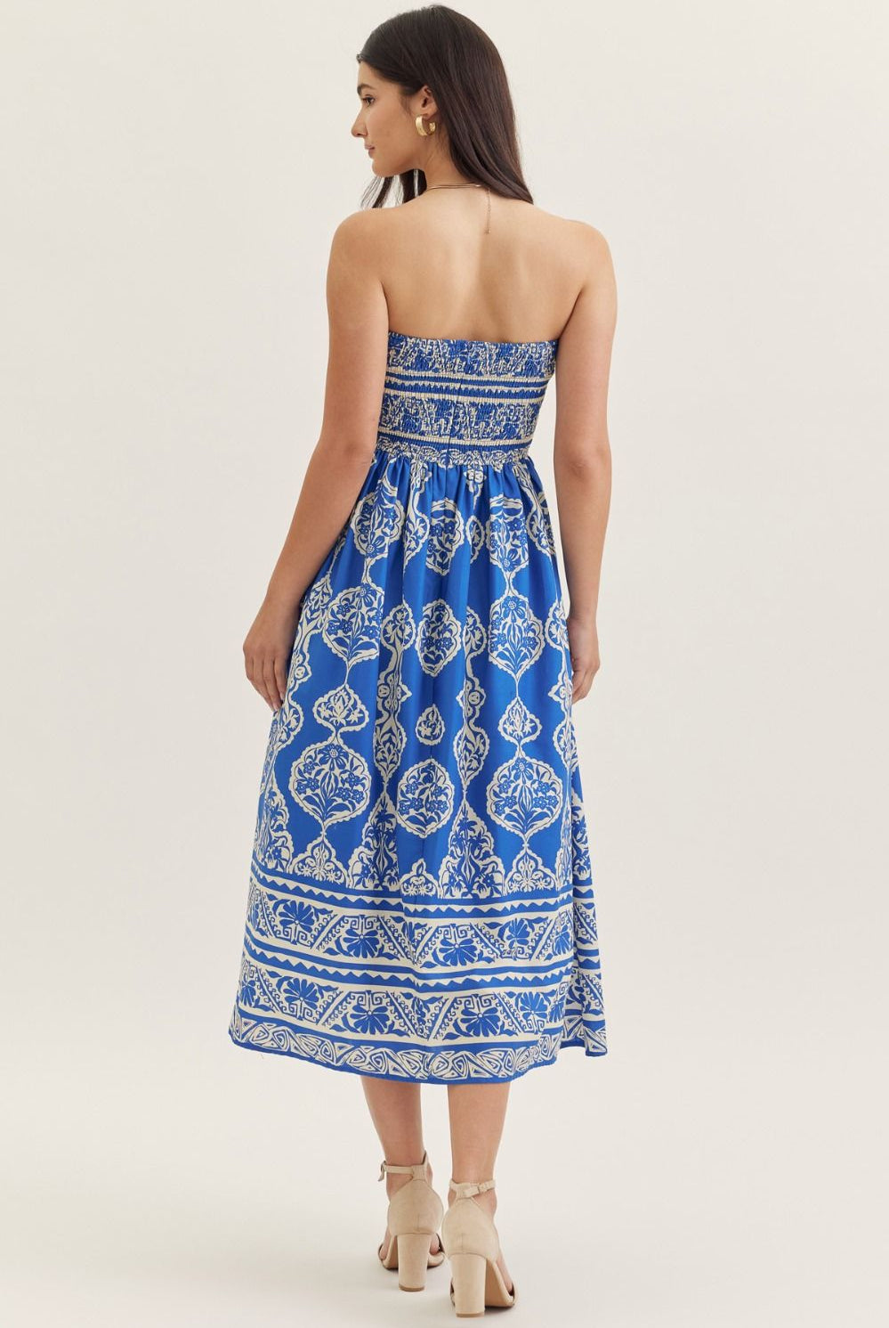 Entro Royal Blue Printed Strapless Midi Dress-Midi Dresses-Entro-Deja Nu Boutique, Women's Fashion Boutique in Lampasas, Texas