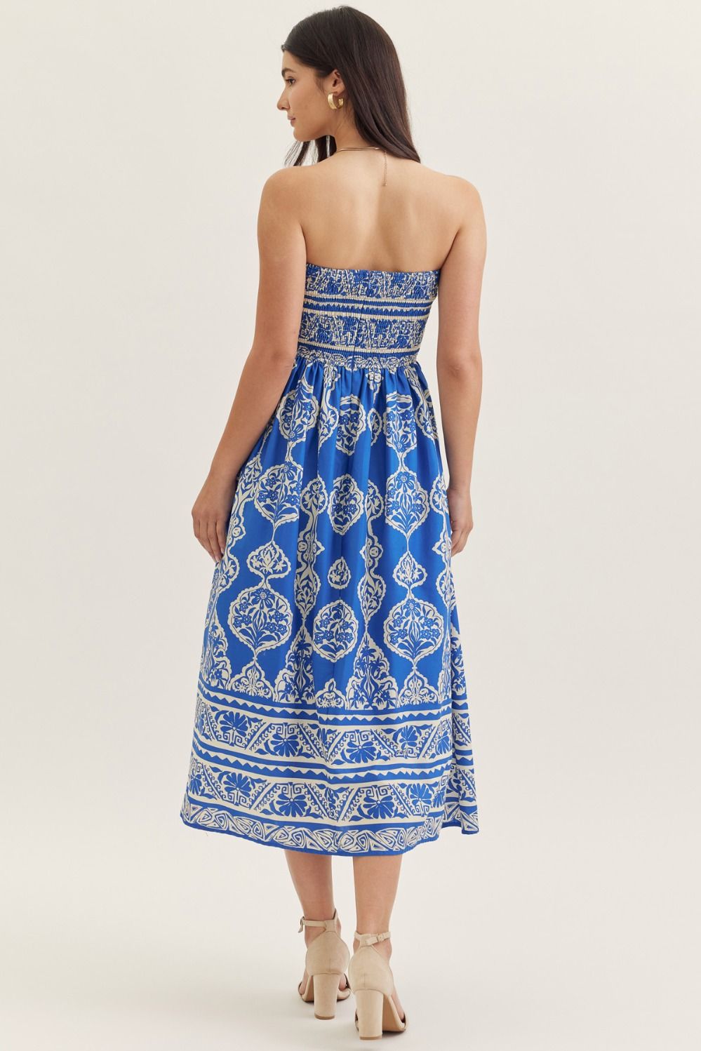 Entro Royal Blue Printed Strapless Midi Dress-Midi Dresses-Entro-Deja Nu Boutique, Women's Fashion Boutique in Lampasas, Texas
