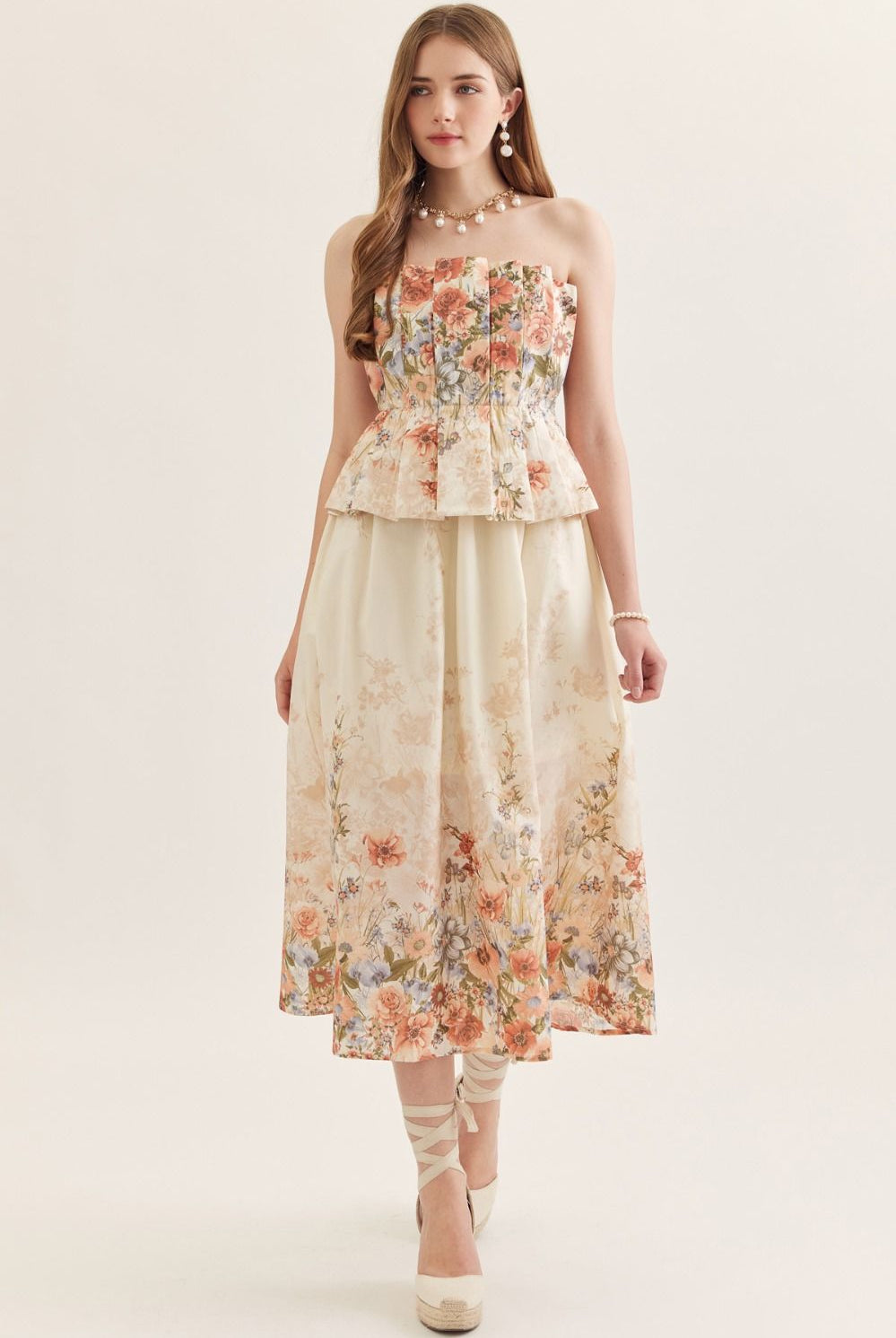 Entro Rose Multi Floral Strapless Midi Dress-Midi Dresses-Entro-Deja Nu Boutique, Women's Fashion Boutique in Lampasas, Texas