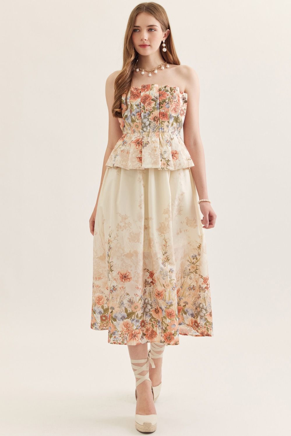 Entro Rose Multi Floral Strapless Midi Dress-Midi Dresses-Entro-Deja Nu Boutique, Women's Fashion Boutique in Lampasas, Texas