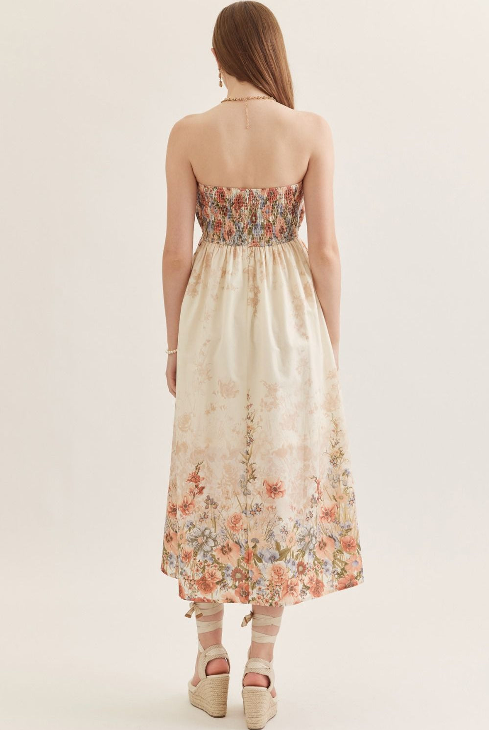 Entro Rose Multi Floral Strapless Midi Dress-Midi Dresses-Entro-Deja Nu Boutique, Women's Fashion Boutique in Lampasas, Texas