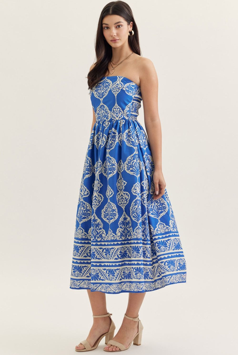 Entro Royal Blue Printed Strapless Midi Dress-Midi Dresses-Entro-Deja Nu Boutique, Women's Fashion Boutique in Lampasas, Texas