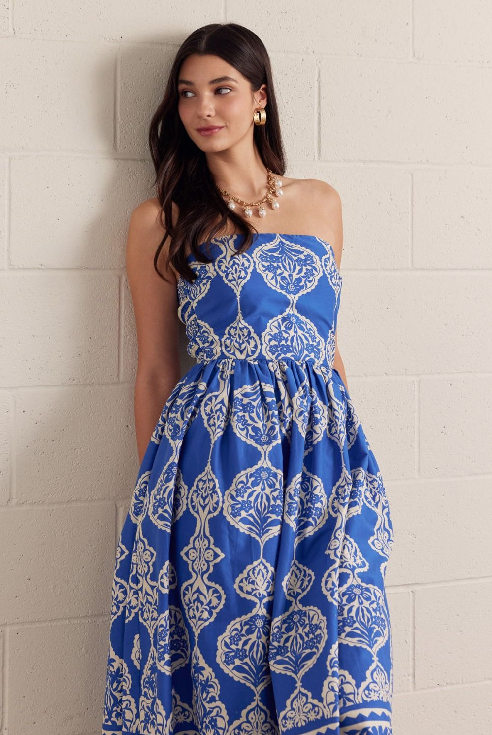 Entro Royal Blue Printed Strapless Midi Dress-Midi Dresses-Entro-Deja Nu Boutique, Women's Fashion Boutique in Lampasas, Texas