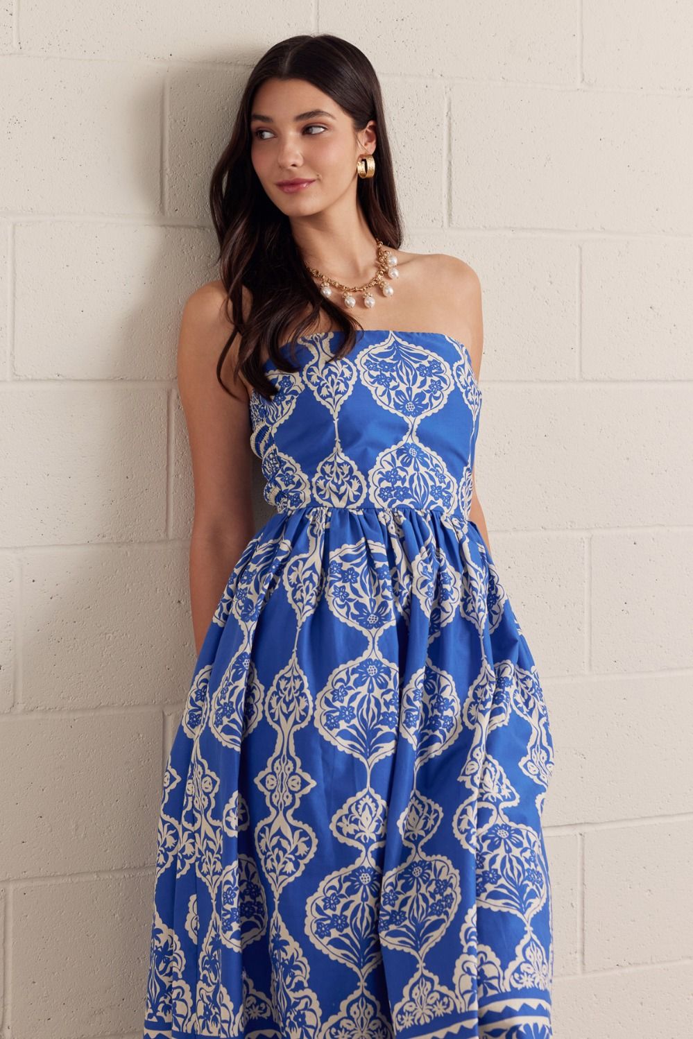 Entro Royal Blue Printed Strapless Midi Dress-Midi Dresses-Entro-Deja Nu Boutique, Women's Fashion Boutique in Lampasas, Texas