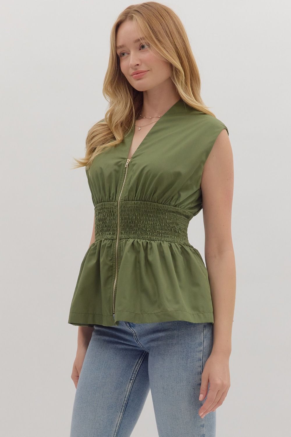 Entro Olive Sleeveless Smocked Waist Peplum Top-Tops-Entro-Deja Nu Boutique, Women's Fashion Boutique in Lampasas, Texas