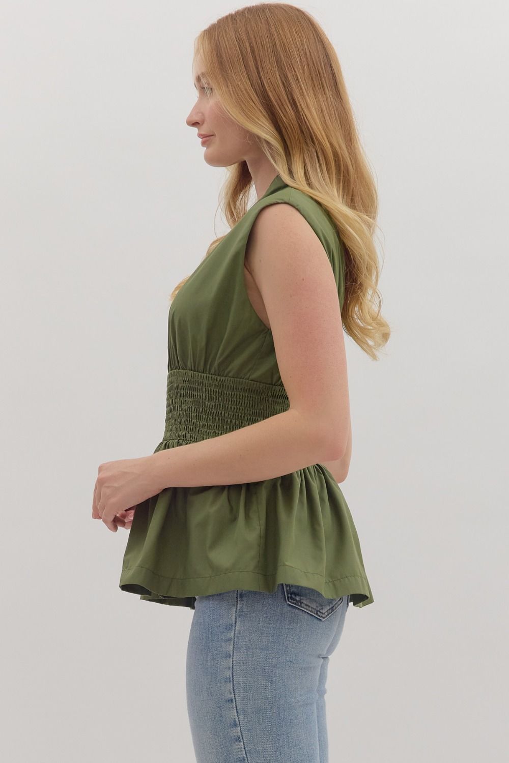 Entro Olive Sleeveless Smocked Waist Peplum Top-Tops-Entro-Deja Nu Boutique, Women's Fashion Boutique in Lampasas, Texas
