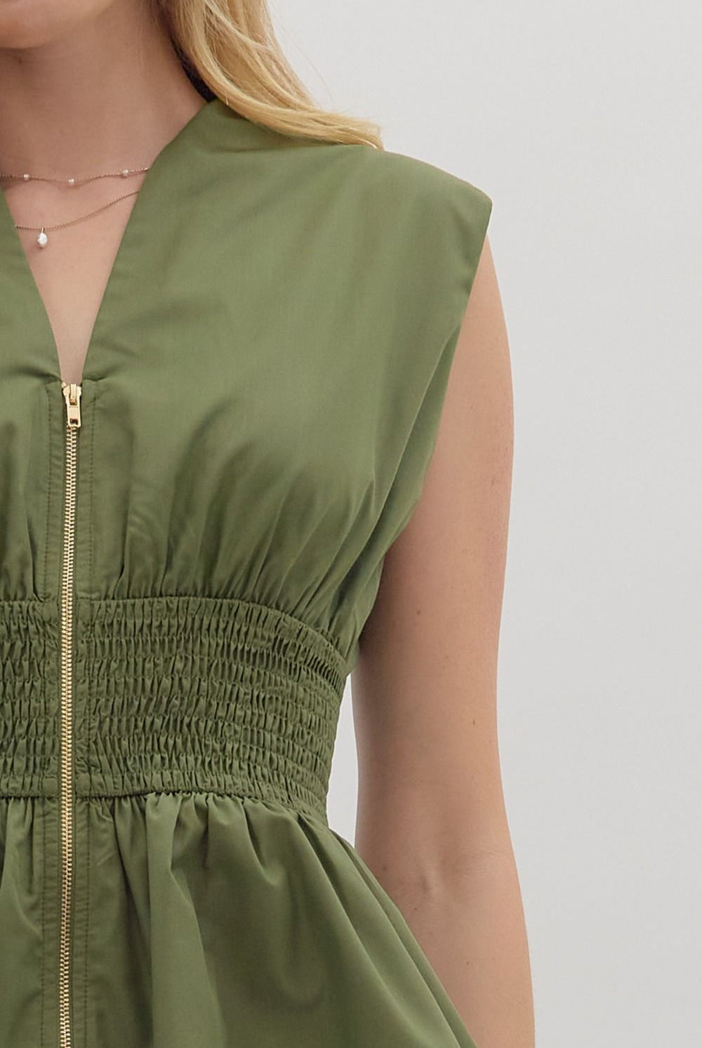 Entro Olive Sleeveless Smocked Waist Peplum Top-Tops-Entro-Deja Nu Boutique, Women's Fashion Boutique in Lampasas, Texas