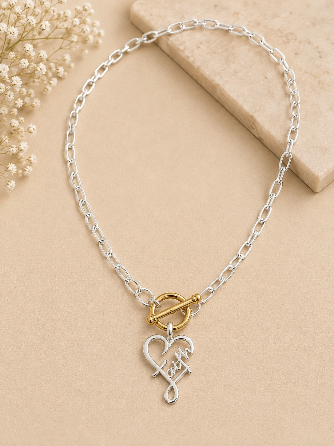 Faith Heart Two-Tone Toggle Necklace-Necklace-Deja Nu-Deja Nu Boutique, Women's Fashion Boutique in Lampasas, Texas