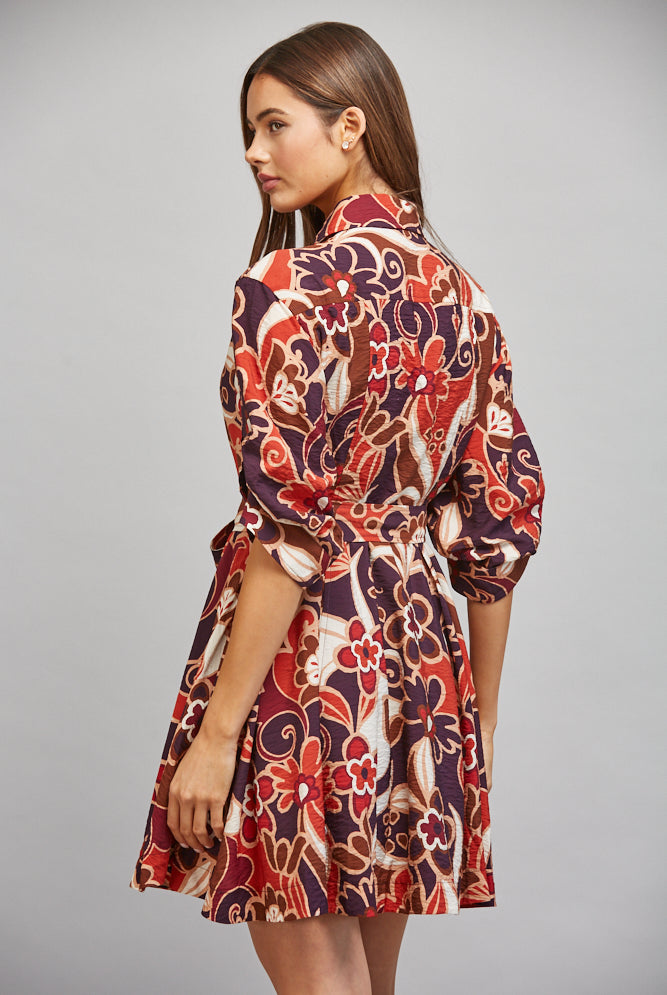 Fate Abstract Floral Print Tie Waist Gathered Short Sleeve Dress – Purple Multi-Short Dresses-Fate-Deja Nu Boutique, Women's Fashion Boutique in Lampasas, Texas