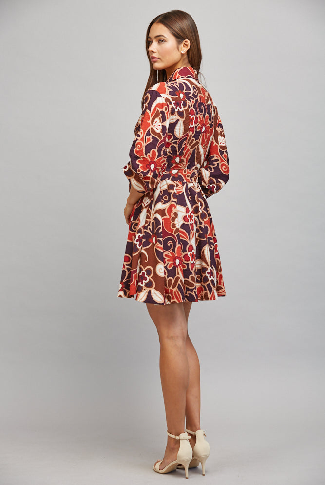 Fate Abstract Floral Print Tie Waist Gathered Short Sleeve Dress – Purple Multi-Short Dresses-Fate-Deja Nu Boutique, Women's Fashion Boutique in Lampasas, Texas