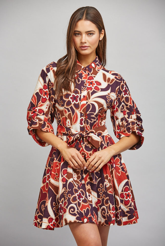 Fate Abstract Floral Print Tie Waist Gathered Short Sleeve Dress – Purple Multi-Short Dresses-Fate-Deja Nu Boutique, Women's Fashion Boutique in Lampasas, Texas